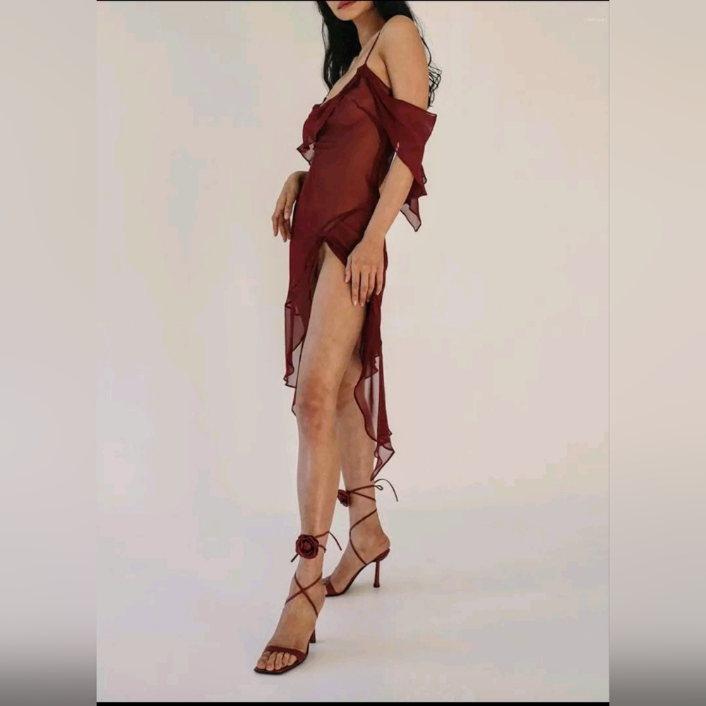 Red Sheer Mesh Ruffle Dress - Picture 4 of 4
